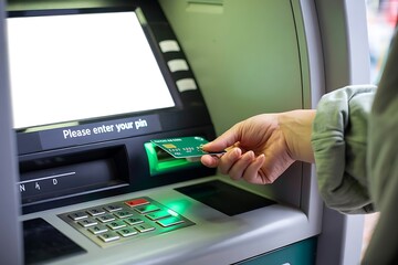 Close up of a person s hand inserting a credit card into an atm machine for a financial transaction