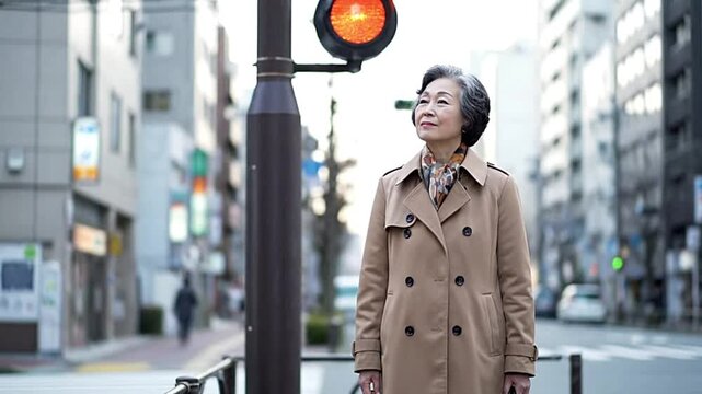 A woman in a trench coat stands at a red traffic light in a city street gazing upward