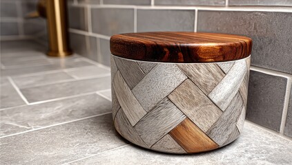 A round wooden storage container with a herringbone pattern sits on a light gray stone floor in a modern bathroom