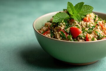 Tabbouleh Salad Presented in a Ceramic Bowl on Cool Mint Background