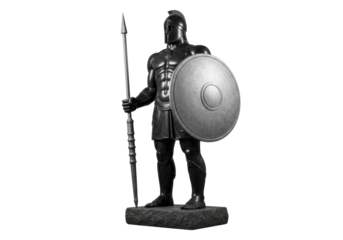 Colossal obsidian granite 'Granite Sentinel' sculpture, stoic with matte silver shield and segmented spear on basalt plinth, against transparent studio backdrop with copy space. Concept of ancient