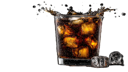 Glass of cola with ice, splashing