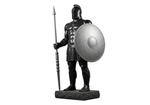 Colossal obsidian granite 'Granite Sentinel' sculpture, stoic with matte silver shield and segmented spear on basalt plinth, against transparent studio backdrop with copy space. Concept of ancient