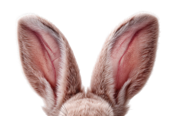 Close-up of a pair of light brown rabbit ears.  The ears are large,  pointed, and  display delicate veining and fur texture.  Pink inner ear portions are visible.  Black background