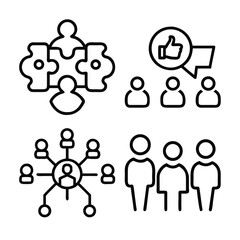 Four simple line art icons depicting teamwork, positive feedback, network connections, and a group of people, symbolizing business and community.