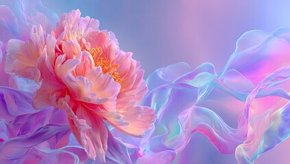 Obraz premium Delicate, pastel-hued peony flower with flowing fabric