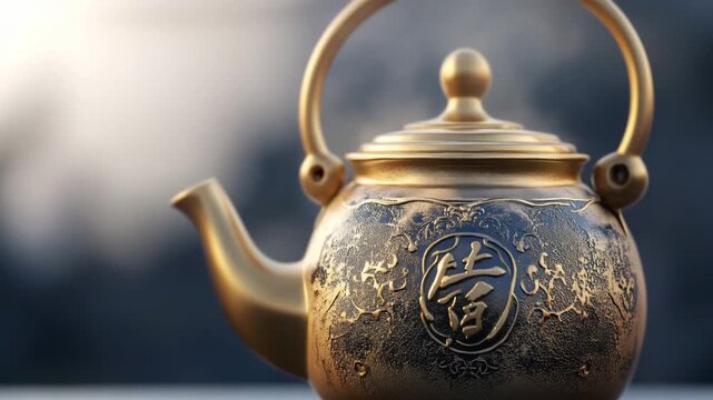 Golden teapot with intricate designs against a blurred background showcasing elegant craftsmanship in a serene setting