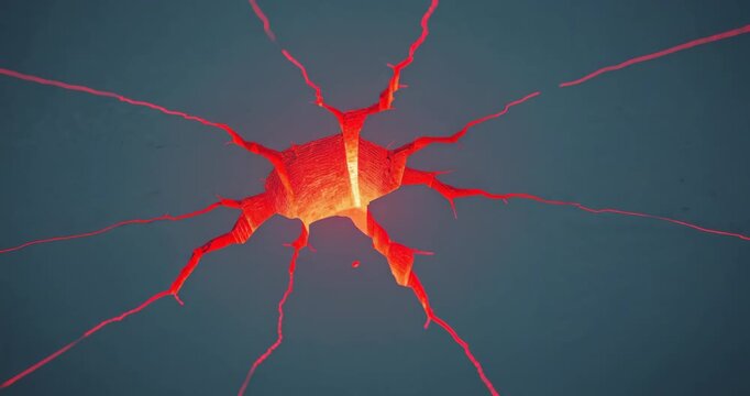 Intensifying central red glowing fissure sending radiating cracks across bluish plane