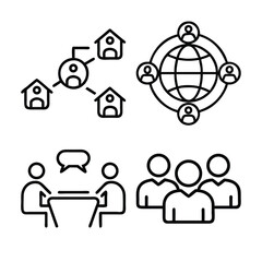 Four distinct line art icons depict global networking, team collaboration, community connections, and business meetings, symbolizing communication and interaction.