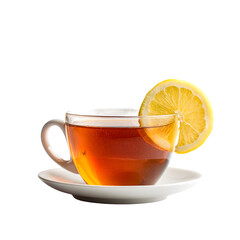 A steaming cup of hot tea with a fresh lemon slice garnished on the rim isolated on transparent background