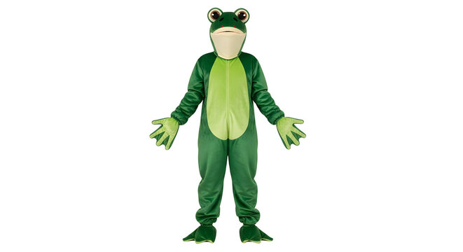 Full shot of a person wearing a green frog costume with arms outstretched on a white background