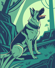 Fototapeta premium Loyal German Shepherd sits alertly in lush green forest, panting happily under soft light, embodying companionship and nature's beauty.
