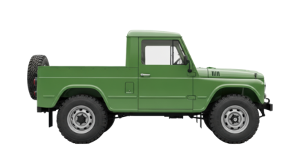 Faded forest green vintage 4x4 utility vehicle, rugged, boxy, chunky mud-terrain tires, steel wheels, on transparent background. Concept of adventure and classic design
