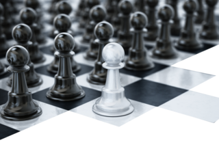 White chess pawn standing one square ahead of black chess pieces on transparent background. 3D illustration