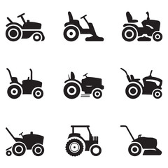 Set Lawn tractor icon. Vector concept illustration for design. Vector black silhouette. with white background