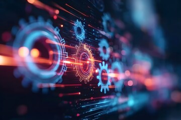 Obraz premium Digital technology background with gears and glowing lines, representing the concept of digital transformation in business or tech innovation