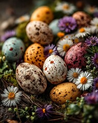 Obraz premium Vibrant eggs surrounded by seasonal flowers high resolution picture