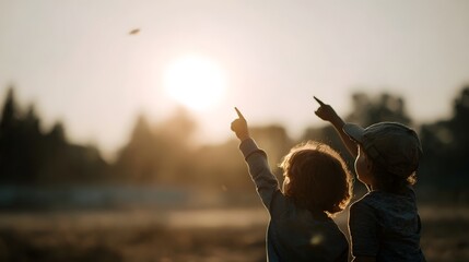 Two curious children pointing at a flying object in the glowing sky during a beautiful golden sunset filled with wonder and imagination