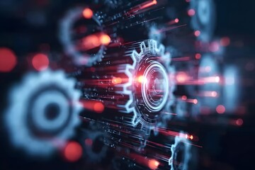 Obraz premium Digital technology background with gears and glowing lines, representing the concept of digital transformation in business or tech innovation