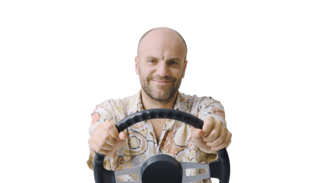 Man holding a steering wheel and driving an invisible car - Powered by Adobe