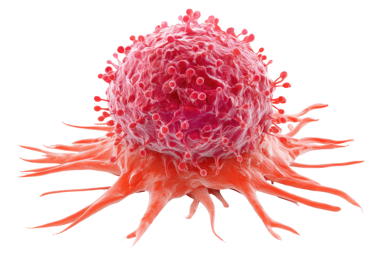 Cancer cell magnified, vibrant pink-red, spiky projections