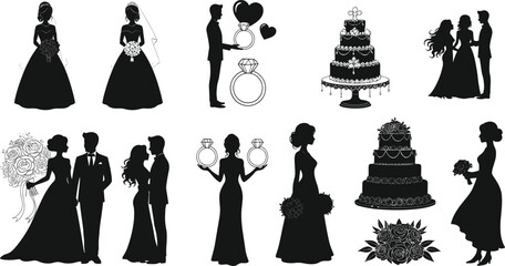 Wedding couple silhouette, bride and groom, engagement rings, wedding cake, bridal bouquet, ceremony icons, romantic vector set