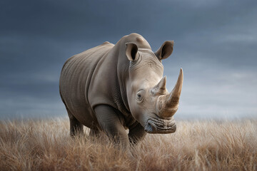 Obraz premium A majestic rhinoceros stands proudly in a field of tall grass, with a dramatic sky in the background