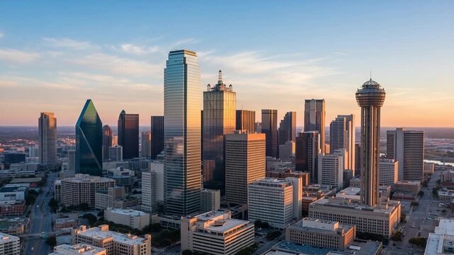 Urban Landscape Featuring Dallas Cityscape at Sunset with Skyscrapers and Modern Architecture and Beautiful Skyline in Blue Sky