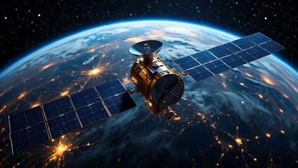 A modern satellite with solar panels orbits the earth, illuminating the planets surface with city lights at night