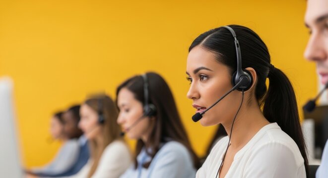 Customer service professionals provide expert support from a modern call center. Team members use headsets for clear communication and efficient client interaction.