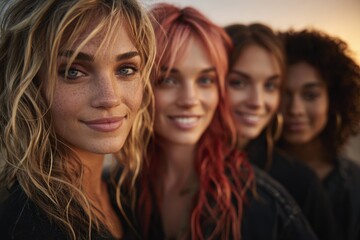 Fototapeta premium Four women with diverse hairstyles, smiling warmly at the camera, their expressive faces and natural beauty highlighted in a close-up shot.