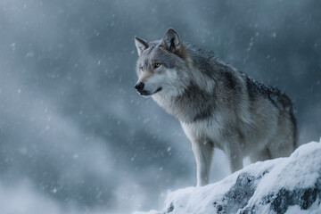 Obraz premium A majestic wolf standing on a snowy mountainside, with a snowy background