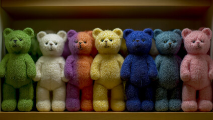 A row of white teddy bears in different colors on a shelf, including green, purple, orange, yellow, blue, pink, and black