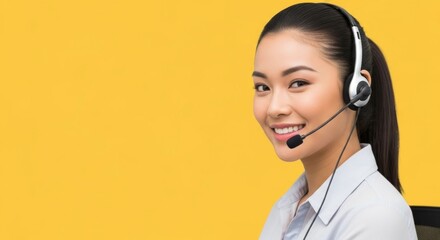 Cheerful Asian Woman with Headset Smiling on Yellow Background Ideal for Customer Service, Support, and Communication