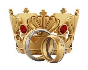 Royal wedding concept with crown and wedding rings on transparent background. 3D illustration