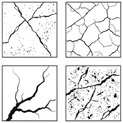 Set of four black and white cracked surface textures with bold fracture lines and distressed details. Perfect for grunge, weathered, and abstract design projects. Ideal for backgrounds, overlays, and 