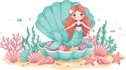 Art & IllustrationCute red-haired mermaid sitting in seashell, underwater scene with corals, seaweed, starfish, pastel colors, fantasy ocean illustration