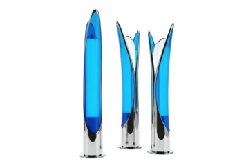 Three distinct, futuristic light towers with sleek synthetic forms, vibrant cerulean blue panels, and chrome pedestals, on a stark white background with copy space. Concept of advanced sustainable
