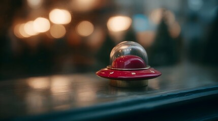 A vintage red UFO toy with a clear dome rests on a polished reflective surface surrounded by soft blurred bokeh lights