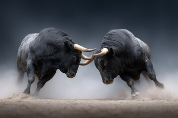Two powerful bulls locked in a tense confrontation. The image captures the raw intensity and strength of these magnificent animals, with dust and energy in the air.