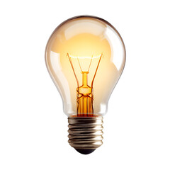 Close up of a glowing incandescent light bulb with visible filament isolated on transparent background