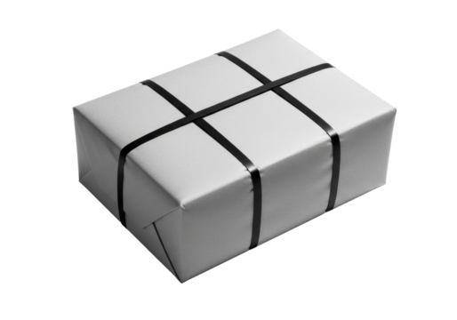 Sturdy rectangular parcel wrapped in textured recycled grey paper with matte black metal straps, sharp edges, centered on transparent background with harsh shadows, concept of efficient delivery