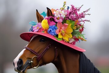 Springtime horse racing hat, stylish springtime hat adorned with flowers