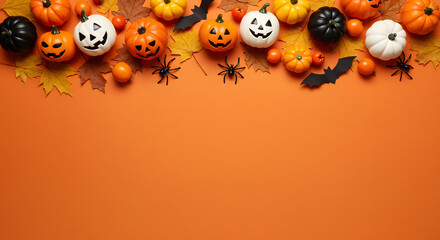 Fototapeta premium Halloween Pumpkins with Spiders and Bats on Orange Background