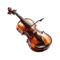 Antique wooden violin with bow resting on strings isolated on transparent background