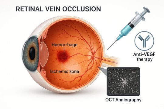 Retinal Vein Occlusion Illustration - Eye Anatomy, Hemorrhage, Ischemia, Angiography, Anti-VEGF Therapy [Illustration]