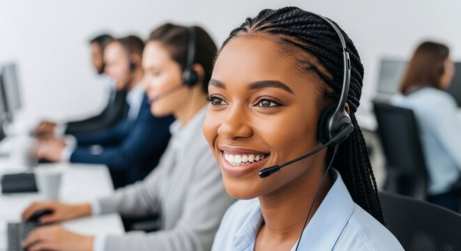Smiling Customer Service Representative in a Call Center