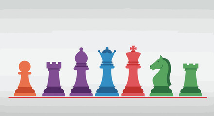 Colorful chess pieces in a row, isolated on white background, perfect for strategy game content creation and promoting intellectual stimulation © arfanah02
