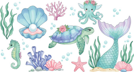 Art & IllustrationCute Underwater Sea Life Clipart, Watercolor Ocean Animals, Mermaid Tail, Turtle, Octopus, Seahorse, Coral, Starfish, Seashell Art