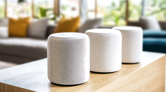 Three cylindrical smart speakers placed on a wooden table in a modern living room